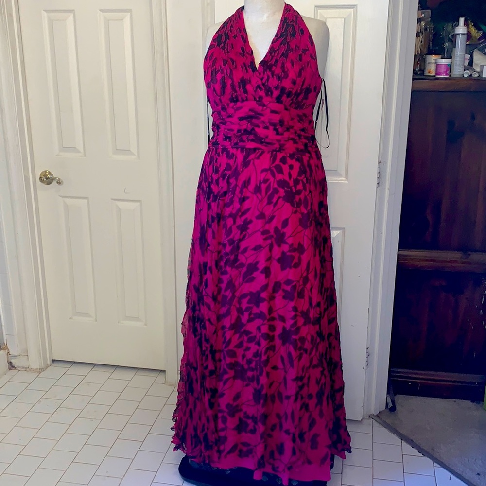 Tadashi NWT fuchsia black floral silk dress 18